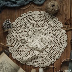 手工鉤針鏤空桌墊桌巾防塵蓋布 圓形, 1個, 原棉色, 33 x 33cm