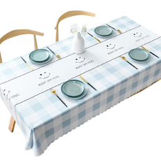 北歐風餐桌布桌巾茶几桌墊 PVC防水防燙防油可水洗擦拭, 微笑藍格 波浪邊 藍色, 1個, 200 x 140cm