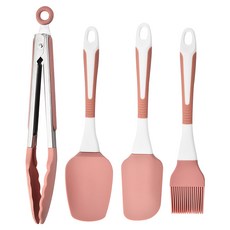 矽膠不沾廚具 4件組, 1組, 刮刀 + 刮鏟 + 油刷 + 食物夾, 粉色