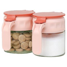키텐실 시노글라스 글라썸 플립 원터치 밀폐 유리양념통 핑크, 2개, 350ml