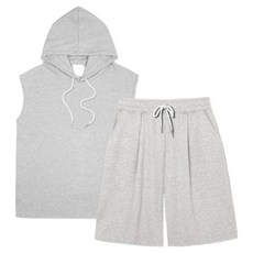 ILLUSO 男女通用 特級雙面素色寬鬆版型無袖連帽T恤 + 百慕達單褶運動短褲上下套裝