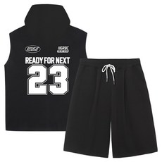 ILLUSO 特級雙面 Boy Girl Next 23 寬鬆版型無袖連帽T恤 百慕達單褶運動短褲 上下套裝