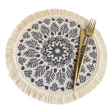 波西米亞編織棉餐墊, 墨葉森語 米白色 + 黑色, 1個, 33cm