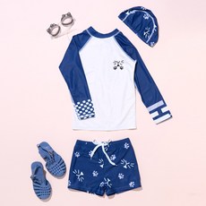 키즈꼬모 아동용 쿵이래쉬가드 상하의 + 수영모 세트