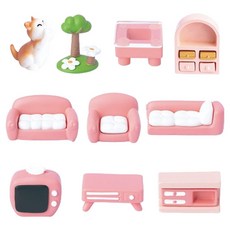 PDS Home Deco 貓咪與粉紅之家 迷你模型 房屋裝飾家具與擺件 10件組 100 x 100 x 50 mm, 1套, 混合色