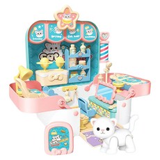 寶貝寵物手提盒美容屋 540 寵物公仔 + 可水洗畫筆, 1組, 寶貝貓咪版 藍綠色 + 粉色 + 白色