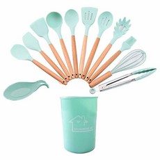 日式櫸木矽膠廚具13件組, 湯勺 + 撈麵勺 + 漏勺 + 油刷 + 平頭勺 + 鍋鏟 + 密勺 + 刮刀 + 漏鏟 + 打蛋器 + 食物夾 + 湯勺墊 + 收納桶, 1組, 綠色
