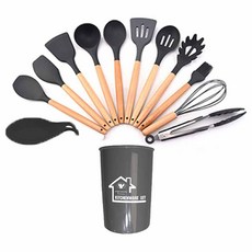 日式櫸木矽膠廚具13件組, 湯勺 + 撈麵勺 + 漏勺 + 油刷 + 平頭勺 + 鍋鏟 + 密勺 + 刮刀 + 漏鏟 + 打蛋器 + 食物夾 + 湯勺墊 + 收納桶, 1組, 深灰色