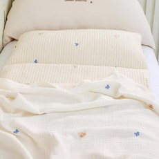 베베누보 유아용 순면 자수 듀라론 양면 낮잠이불 패드 + 거즈 블랭킷 + 솜패드 + 솜베개 + 부직포가방 세트 분리형, 리본퍼피