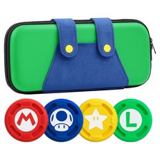 SPACE SHIELD 任天堂 Switch 2 相容 吊帶褲造型 EVA 便攜式收納硬殼包 + 搖桿帽 4件組, 1套, 綠色 + 藍色吊帶, 單一商品