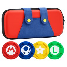 SPACE SHIELD 任天堂 Switch 2 相容 吊帶褲造型 EVA 便攜式收納硬殼包 + 搖桿帽 4件組, 1套, 紅色 + 藍色吊帶, 單一商品