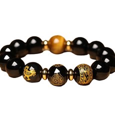 生活智慧 男用黑曜石許願12生肖幸運手鍊 雞 12mm, 1個, 混合色