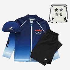 뉴발란스키즈 남아용 ESSENTIAL 래시가드 상하의 + 수모 + 파우치 세트