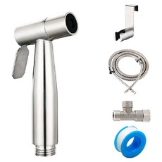 Reddot 紅點生活 不鏽鋼增壓馬桶噴槍沖洗器組 不鏽鋼噴頭軟管組 附馬桶掛架, 1組, 銀色