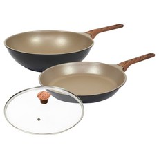 chefria Easy Day 鍋具2件組 + 玻璃鍋蓋套組, 1套, 摩卡黑, 平底鍋 + 炒鍋 + 玻璃鍋蓋 28cm