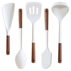 LILIVE 胡桃木彈性矽膠廚具5件組, 1套, 奶油白, 炒匙 + 多功能匙 + 鍋鏟 + 湯勺 + 刮刀