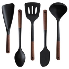 LILIVE 胡桃木彈性矽膠廚具組, 1套, 黑色, 5件組