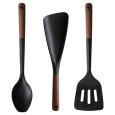 LILIVE Nature Living Relieve 胡桃木彈性矽膠廚具3件組, 1套, 黑色, 炒匙 + 多功能匙 + 鍋鏟