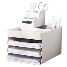 咪咪購物 桌面抽屜式多功能自由堆疊文件文具收納盒5件組, 4層, 白色