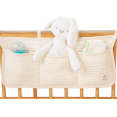 AiRabbit 嬰兒用純棉條紋絎縫床邊3格床邊掛袋 尿布玩具收納袋, 象牙白
