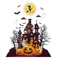 小麥購物 萬聖節裝飾無痕壁貼 L2004, 城堡南瓜燈 橘色 + 咖啡色