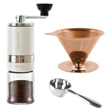 KALDIN 手沖咖啡組合包 手搖磨豆機 + 咖啡豆量匙 + 濾杯 TP01, 1套, 象牙白(手搖磨豆機), 玫瑰金(濾杯), 銀色(量匙)