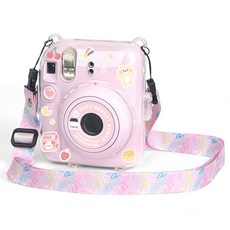 FUJIFILM 富士 instax CJEI 透明迷你相機水晶保護殼 + 裝飾貼紙 + 肩背帶套組, 1套, Instax mini12 水晶保護殼 粉紅色