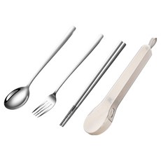 304不鏽鋼隨身餐具收納盒3件組, 1組, 米白色, 湯匙 + 筷子 + 叉子