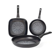 interCOOK 經典鑽石塗層不沾鍋具3件組, 黑色, 1組, 方形煎鍋 27cm + 平底鍋 28cm + 平底鍋 20cm