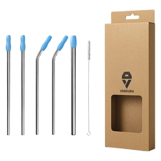 벤듀라 스테인레스 빨대 215mm 직선형 2p + 곡선형 2p + 스무디용 + 세척솔 세트, 1세트