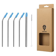Bendura 不鏽鋼吸管 215mm 彎曲型 4入 + 冰沙用直式 + 清潔刷 套組, 1套