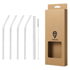 Bendura 耐熱強化玻璃吸管 215mm 彎曲型 4入 + 冰沙用直式 + 清潔刷套組, 1套