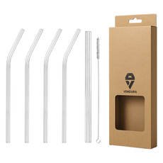 Vendula 耐熱強化玻璃吸管 300mm 彎曲型 4入 + 冰沙用直式吸管 + 清潔刷套組, 1套