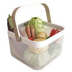 小麥購物 木質手提鐵藝收納籃 L2247, 木色 + 白色, 1個