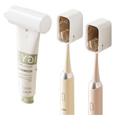 Hanbomnuri 免鑽孔帶蓋牙刷架 2入 + 擠牙膏器套組, 1套, 黃色(牙刷架)