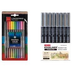 Lineplus LINE WORKS Fineliner 針管筆 0.3mm 10色原創吸塑包裝 + Edge Liner 繪圖筆 8支 0.5mm套組, 混合色, 1套