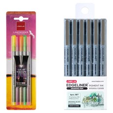 Lineplus Line Works Fineliner 0.3mm 5色霓虹泡殼包裝 + Edge Liner 繪圖筆 0.5mm 6支套組, 混合顏色, 1套