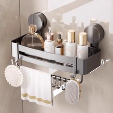 HOUDER 吸盤式太空鋁置物架 四方 標準帶桿款, 槍灰色, 1個