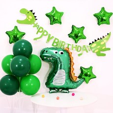 PARTYSHOW 恐龍掛旗 + 綠色氣球插座裝飾 + 星星鋁箔氣球 + 站立式鋁箔氣球 生日派對組合 可愛寶寶恐龍, 1套, 混合色