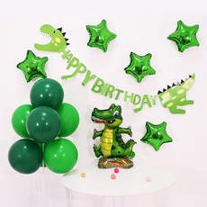 PARTYSHOW 恐龍掛旗 + 綠色氣球桿裝飾 + 星星鋁箔氣球 + 站立式鋁箔氣球 生日派對套組 站立式恐龍, 1套, 混合顏色