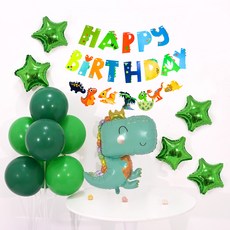 PARTYSHOW 恐龍角色拉旗 + 綠色氣球座裝飾 + 星星鋁箔氣球 + 站立式鋁箔氣球 生日派對組合 皇冠寶寶恐龍, 1套, 混合顏色