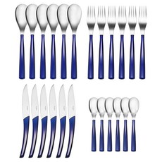 DEGRENNE 石英Sera-Lated 4件 x 6p 餐具組, 銀色 + 藍色, 1套, 叉子 21.6cm + 刀子 23cm + 湯匙 20.4cm + 茶匙 15.2cm