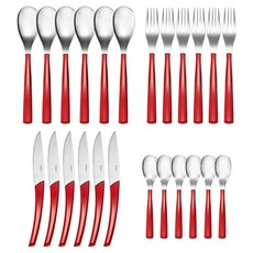 DEGRENNE Quartz Rouge 系列 4件 x 6p 餐具組, 1套, 銀色 + 紅色, 叉子 21.6cm + 刀子 23cm + 湯匙 20.4cm + 茶匙 15.2cm