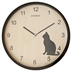JUST HOME 木質貓咪超靜音圓形壁鐘 32cm, 木頭色 + 黑色