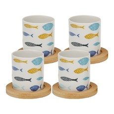 VERSA 杯墊 4個 + 瓷製茶杯 4個 80ml, 繽紛小魚 白色, 1組