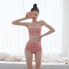 VikiniVender 勒芒格紋鈕扣高腰比基尼