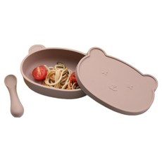 Sarasara幼兒用矽膠小熊餐盤+零食蓋+餐具組, 1套, 餐盤+零食蓋+湯匙, 摩卡
