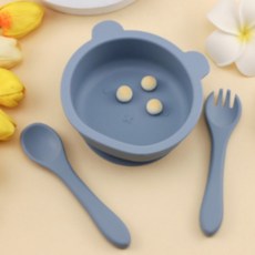 RAONDAM 嬰幼兒小熊矽膠吸盤碗 + 餐具組, 1套, 藍色, 吸盤碗 + 湯匙 + 叉子