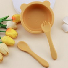 RAONDAM 嬰幼兒小熊矽膠吸盤碗 + 餐具組, 1套, 黃色, 吸盤碗 + 湯匙 + 叉子
