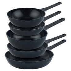 Dream Chef IH電磁爐適用上菜平底鍋 + 中式炒鍋 5件組, 1套, 黑色, 平底鍋 24cm + 28cm + 30cm + 中式炒鍋 24cm + 中式炒鍋 28cm